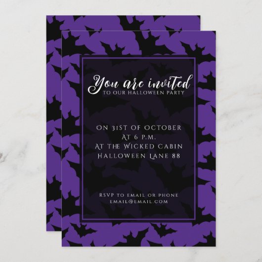 Invitation Halloween chauves-souris violet cool éffrayant mot (Devant / Derrière)
