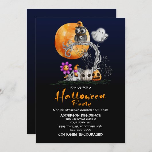 Invitation Halloween chouette Pleine lune mignonne (Devant / Derrière)