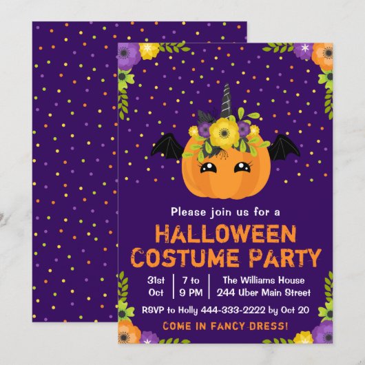Invitation Halloween Citrouille Costume Party Purple Invitati (Devant / Derrière)