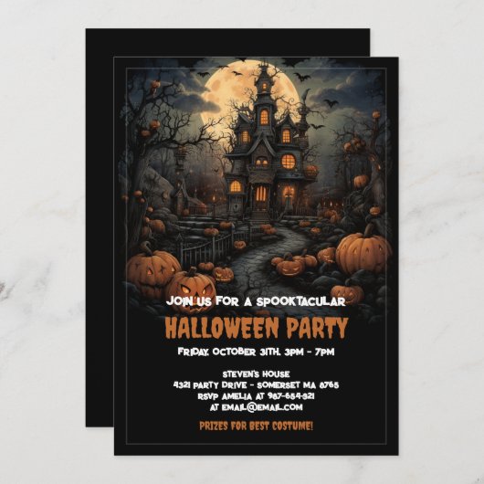 Invitation Halloween Citrouille éffrayant Avec Maison & Lune  (Devant / Derrière)