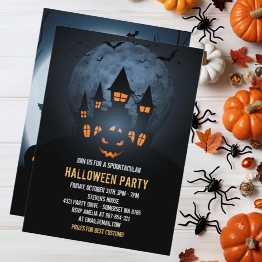 Invitation Halloween Citrouille éffrayant Avec Maison & Lune 
