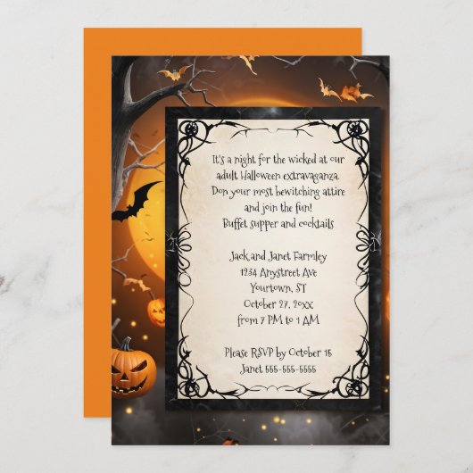 Invitation Halloween citrouille et chauves-souris (Devant / Derrière)