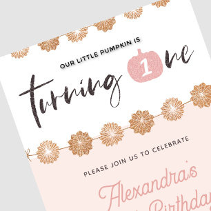 Invitation Halloween citrouille rose or floral 1er anniversai