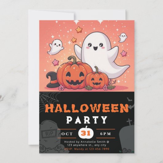 Invitation Halloween Citrouilles Orange et Black Ghosts (Devant)