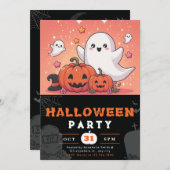 Invitation Halloween Citrouilles Orange et Black Ghosts (Devant / Derrière)