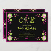 Invitation Halloween classique Noir & Crâne rose 1er annivers (Devant / Derrière)