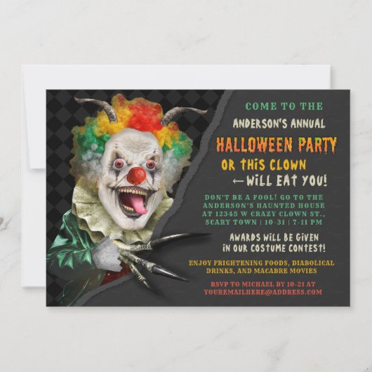 Invitation Halloween Clown Déplaisant Funny Adulte Fête d'hor (Devant)