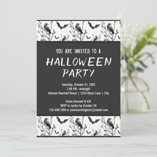 Invitation Halloween Corbeaux chauves-souris noir et blanc Aq (Debout devant)