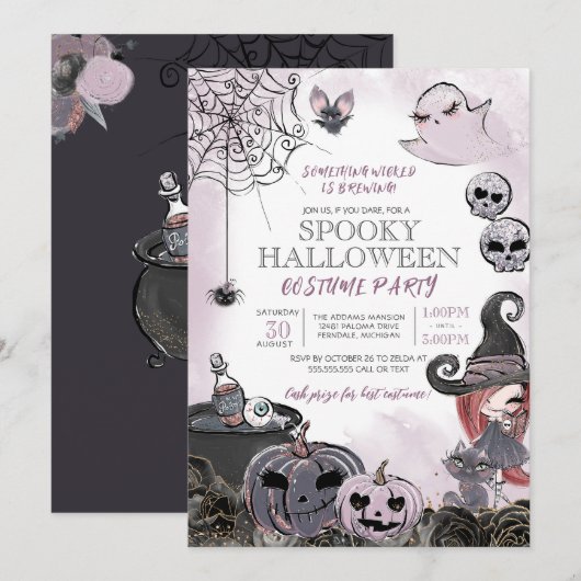 Invitation Halloween Costume Party Éffrayante mignonne sorciè (Devant / Derrière)