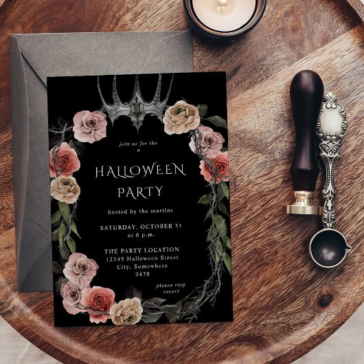 Invitation Halloween Couronne rose et noire Halloween florale