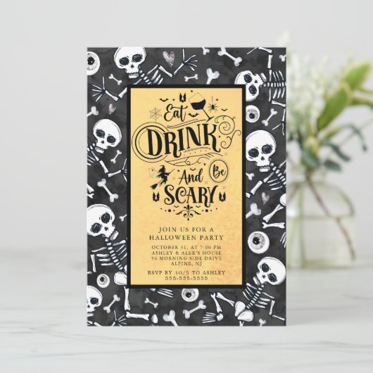 Invitation Halloween crâne et os bash (Debout devant)