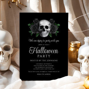 Invitation Halloween Crâne Floral Noir Gothique