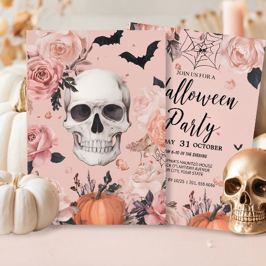 Invitation Halloween crâne rose