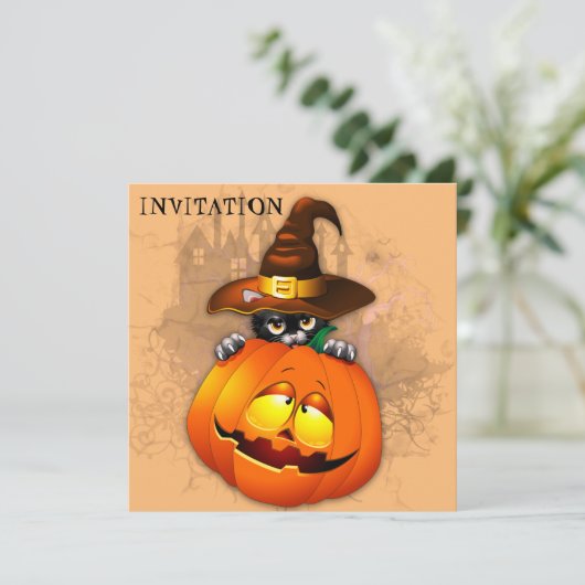 Invitation Halloween Cute Kitty Witch et ami Citrouille (Debout devant)