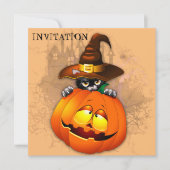 Invitation Halloween Cute Kitty Witch et ami Citrouille (Devant)
