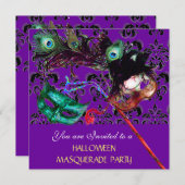 Invitation HALLOWEEN DAMASK MASQUERADE PARTI violet bleu (Devant / Derrière)