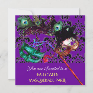 Invitation HALLOWEEN DAMASK MASQUERADE PARTI violet bleu