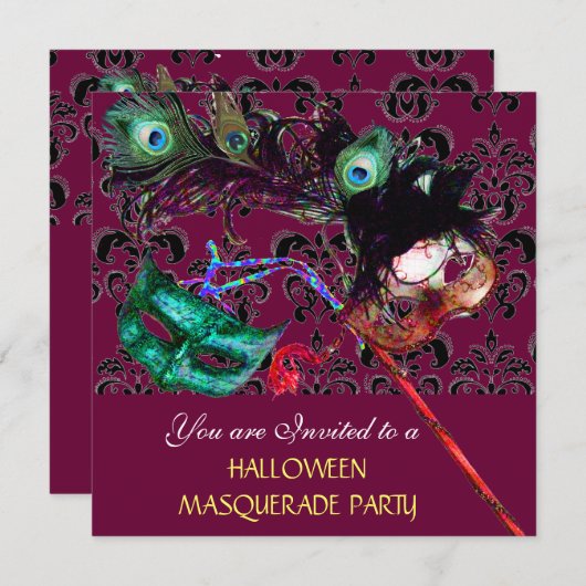 Invitation HALLOWEEN DAMASK MASQUERADE PARTI violet bleu (Devant / Derrière)