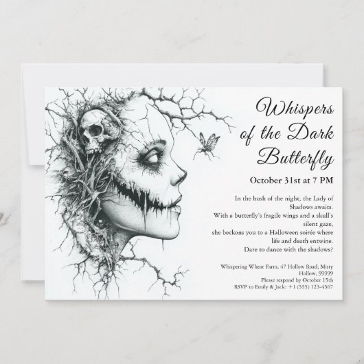 Invitation Halloween Dark Lady – Papillon & Crâne (Devant)