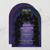Invitation Halloween de chat noir en violet (Devant / Derrière)