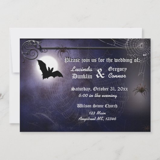 Invitation Halloween de chauve-souris, de lune et d'araignées (Devant)