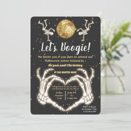 Invitation Halloween de luxe Dance Skeletons Disco Ball Party (Debout devant)