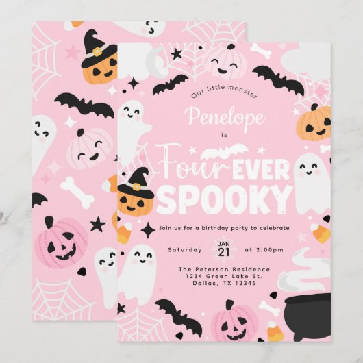 Invitation Halloween Éffrayant Fête rose 4ème anniversaire (Devant / Derrière)