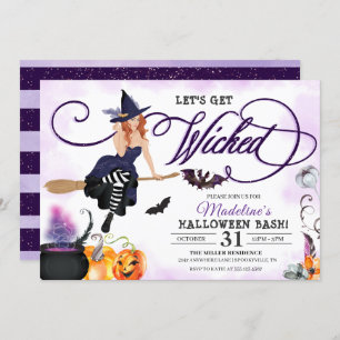 Invitation Halloween éffrayant violet en vol sorcière