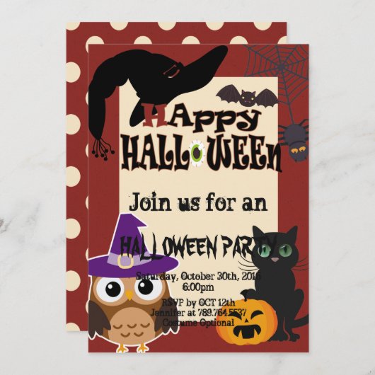 Invitation Halloween élément chat chouette fête citrouille (Devant / Derrière)