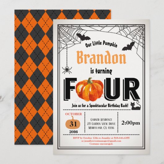 Invitation Halloween enfants citrouilles fête de 4ème anniver (Devant / Derrière)