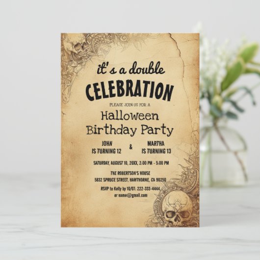 Invitation Halloween Et Sculls Double Anniversaire (Debout devant)