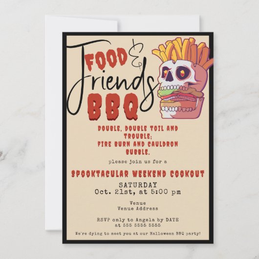 Invitation Halloween Fall Friends Food BBQ Skull Burger Fries (Devant)