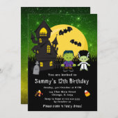 Invitation Halloween Fancy Robe Anniversaire Monstres Vert (Devant / Derrière)