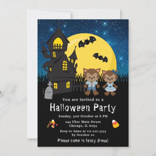 Invitation Halloween Fancy Robe Party Werewolf Bleu (Devant)