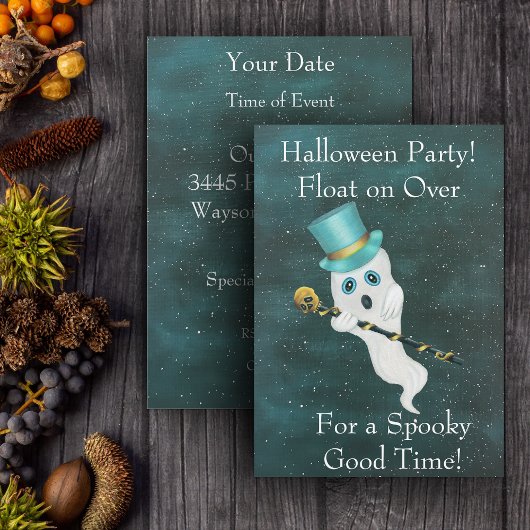 Invitation Halloween Fantôme flottant Top Hat Crâne Canne Cie