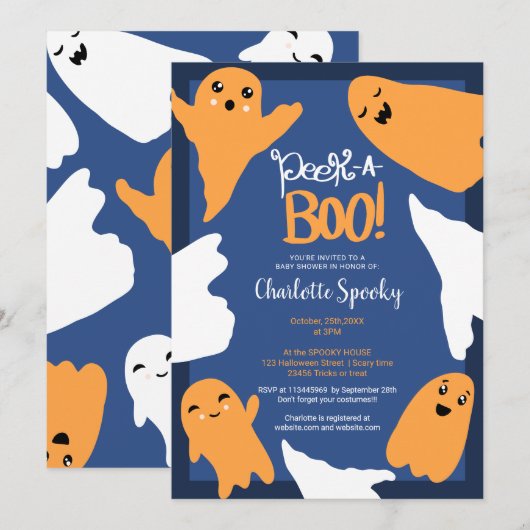 Invitation Halloween fantômes baby shower bleu orange (Devant / Derrière)