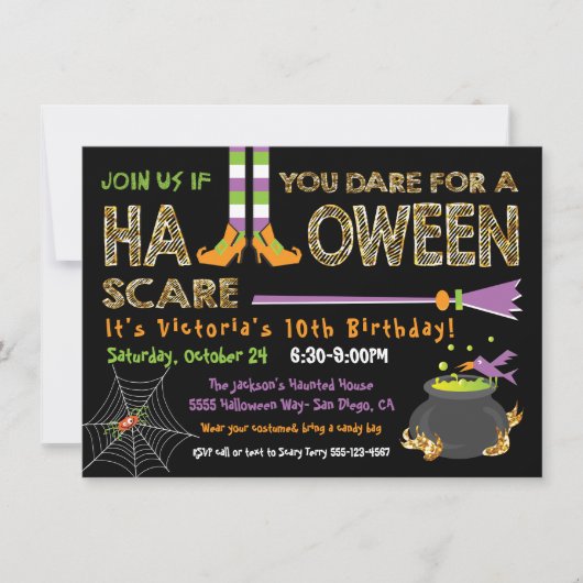 Invitation Halloween fête d'anniversaire sorcière & caldron (Devant)