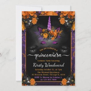 Invitation Halloween Fleurs Licorne Visage Automne Quinceaner