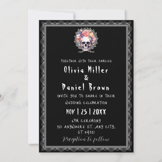 Invitation Halloween floral gothique Mariage squelette (Devant)