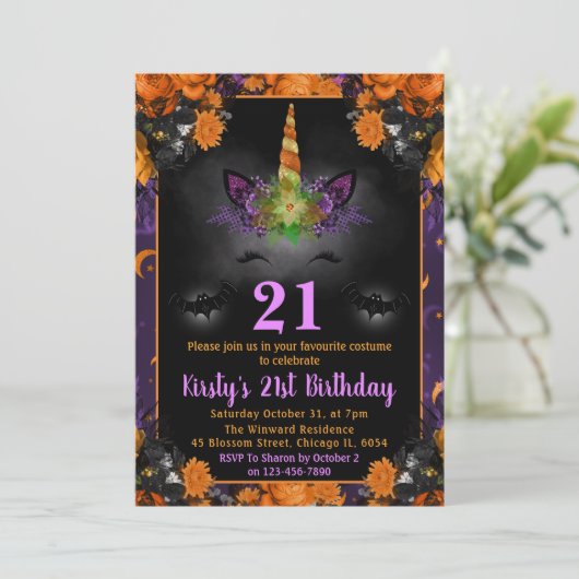 Invitation Halloween Floral Unicorn Face 21e Anniversaire (Debout devant)