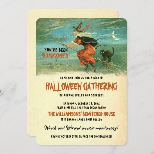 Invitation Halloween Flying Witch Party (Devant / Derrière)