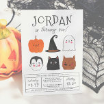 Invitation Halloween Friends mignonne Modern Boy Fête d'anniv<br><div class="desc">Ce design moderne présente le nom du garçon d'anniversaire en grandes lettres majuscules dans l'une de mes polices décoratives préférées, en dessous, son âge apparaît dans la typographie de script mignon. En dessous, au milieu de la carte, il y a 6 amis d'Halloween : un citrouille, un vampire, un casquette...</div>