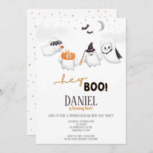 Invitation Halloween Ghost Hey Boo fête d'anniversaire (Devant / Derrière)