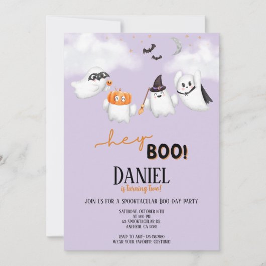 Invitation Halloween Ghost Hey Boo fête d'anniversaire (Devant)