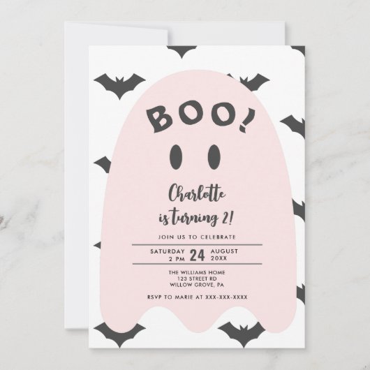 Invitation Halloween Ghost rose 2e anniversaire (Devant)