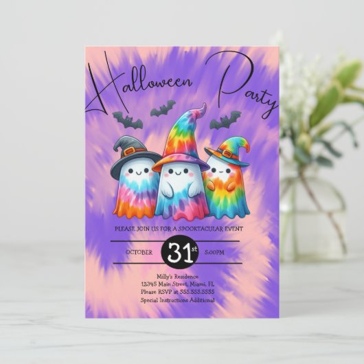 Invitation Halloween Ghost Trio Party Tie Dye Main tirée (Debout devant)