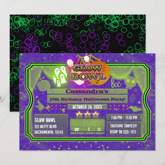 Invitation Halloween Green & Purple GLOW BOWL Anniversaire (Devant / Derrière)