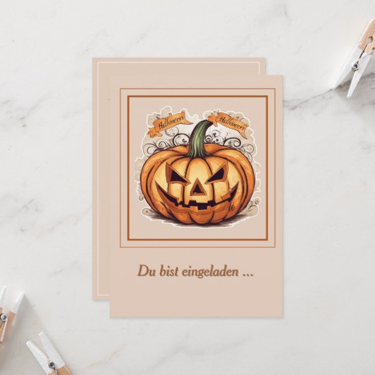 Invitation Halloween : grosse citrouille (Devant/Arrière en situation)