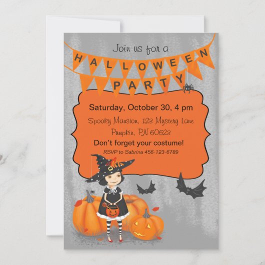 Invitation Halloween jolie petite sorcière (Devant)