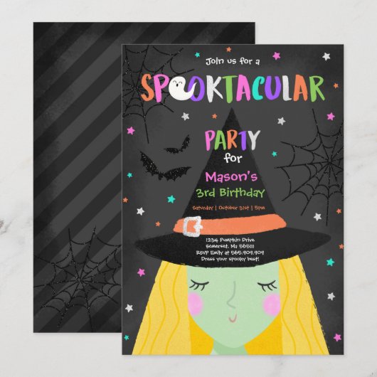 Invitation Halloween jolie sorcière Anniversaire fête Spookta (Devant / Derrière)